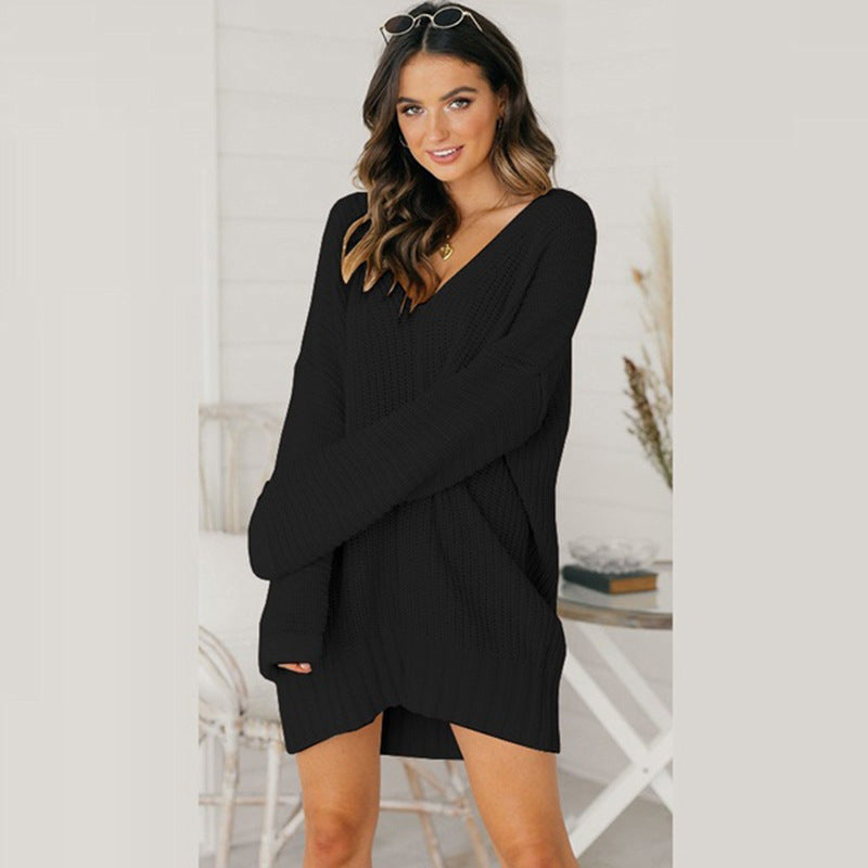 Robe pull femme en grosse maille Col V Décontracté chic