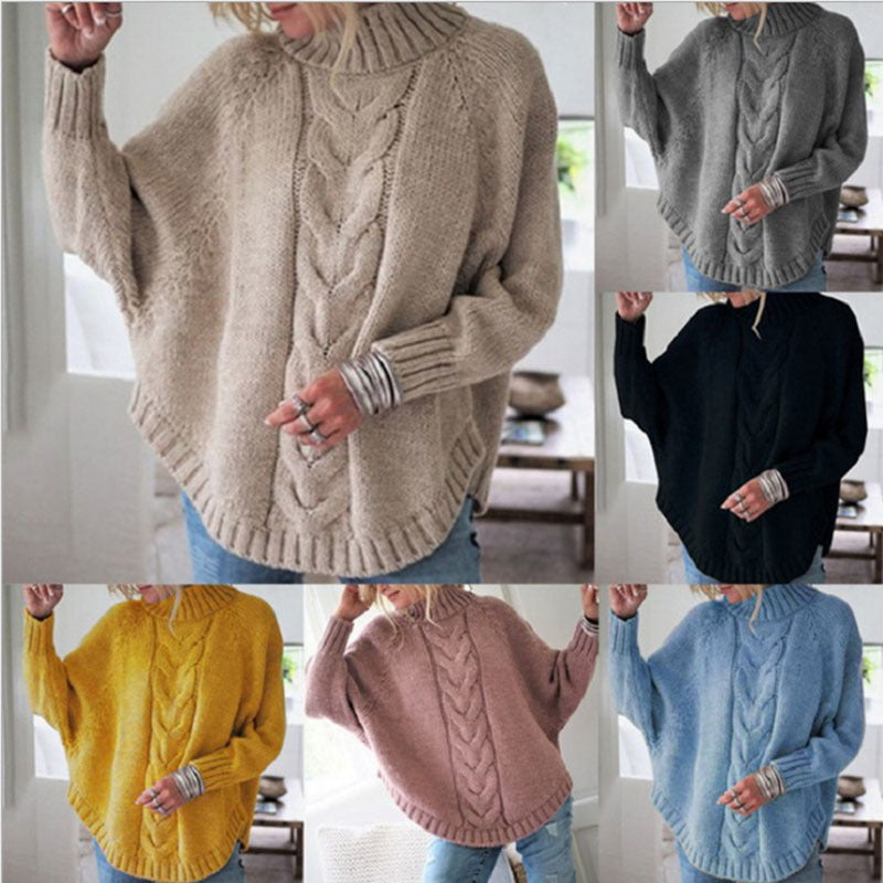 Damen Pullover Grobstrick Rollkragen Zopf Muster - IdealeKleiden