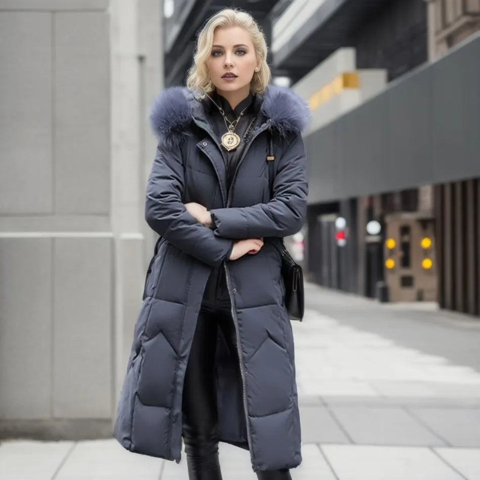 Manteau long en duvet pour femme, col chaud élégant