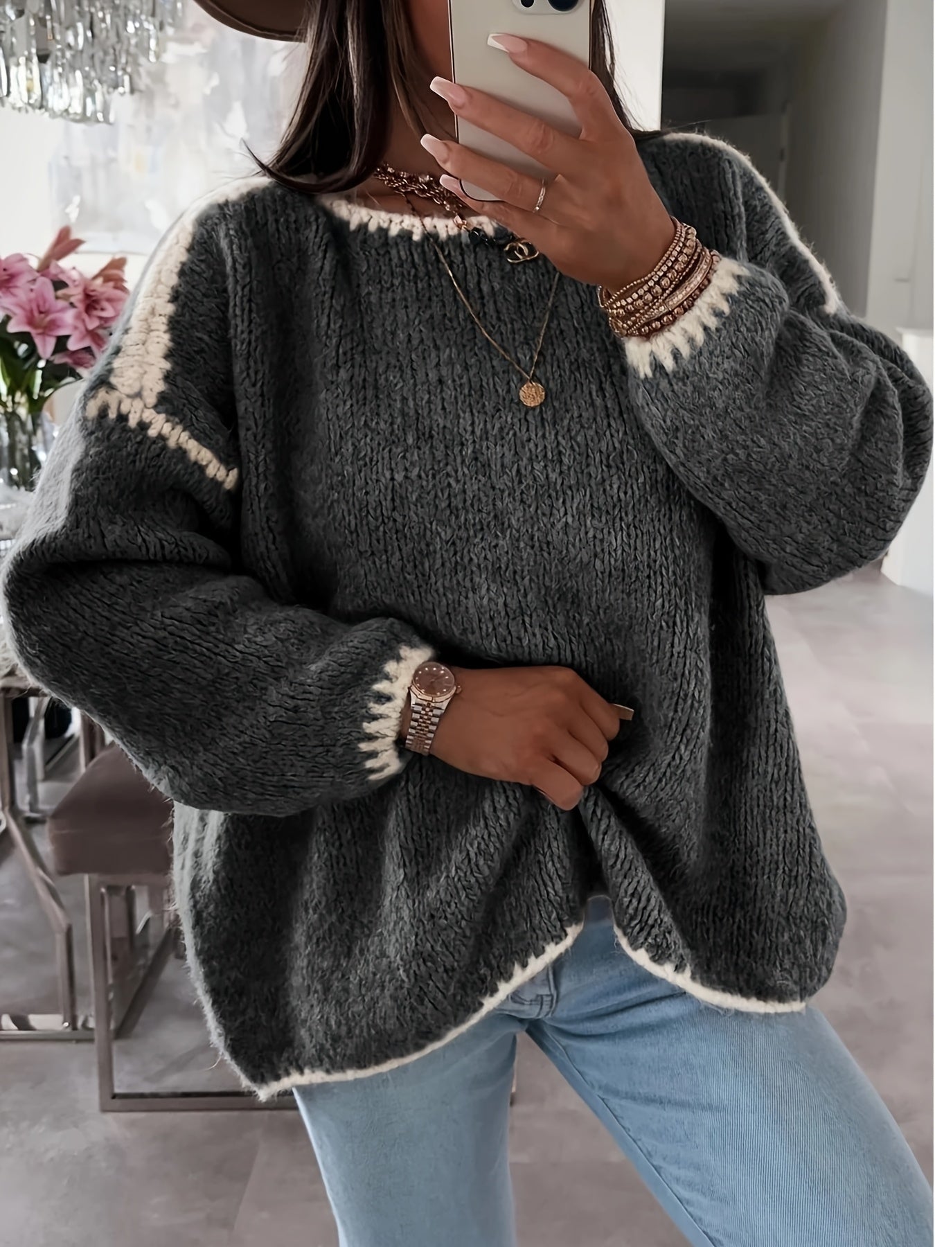 Pull-over amples Tricot doux Confortable Détails crochet