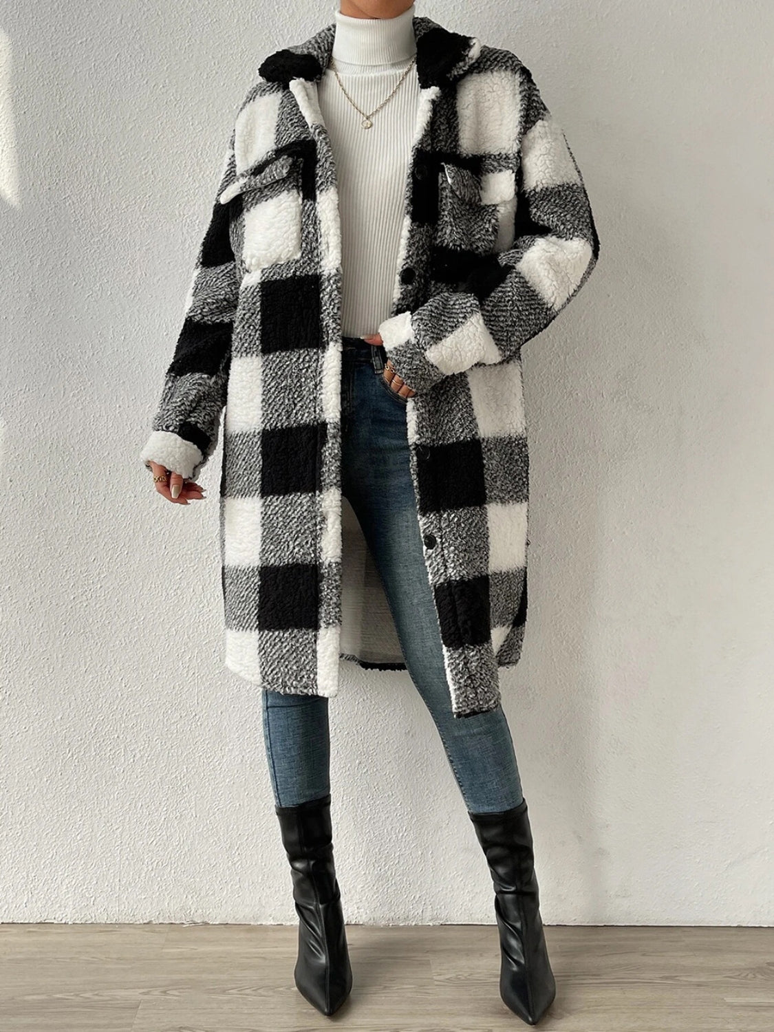 Veste à carreaux pour femme Col en peluche Fermeture boutonnée