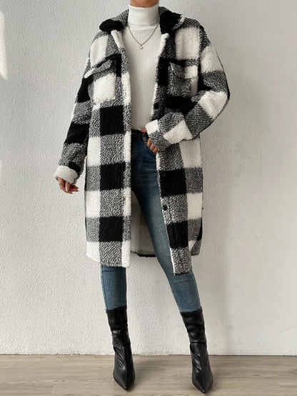 Veste à carreaux pour femme Col en peluche Fermeture boutonnée