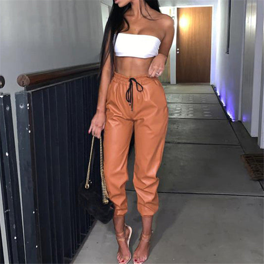 Damen Jogginghose Soft Kunstleder Elastisch - IdealeKleiden