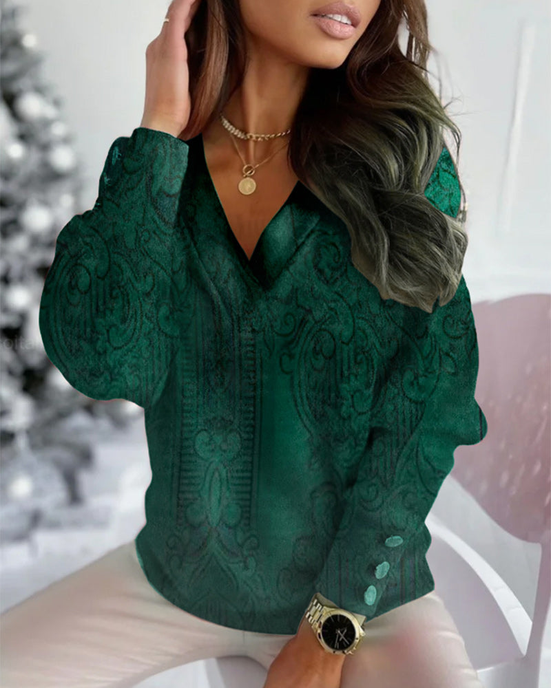 Robe décontractée femme Col en V Imprimée Manches longues