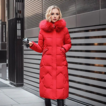 Parka d'hiver long pour femme avec capuche et ornements en fourrure