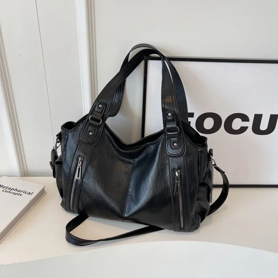Élégant sac à main en cuir noir pour femme avec fermeture éclair