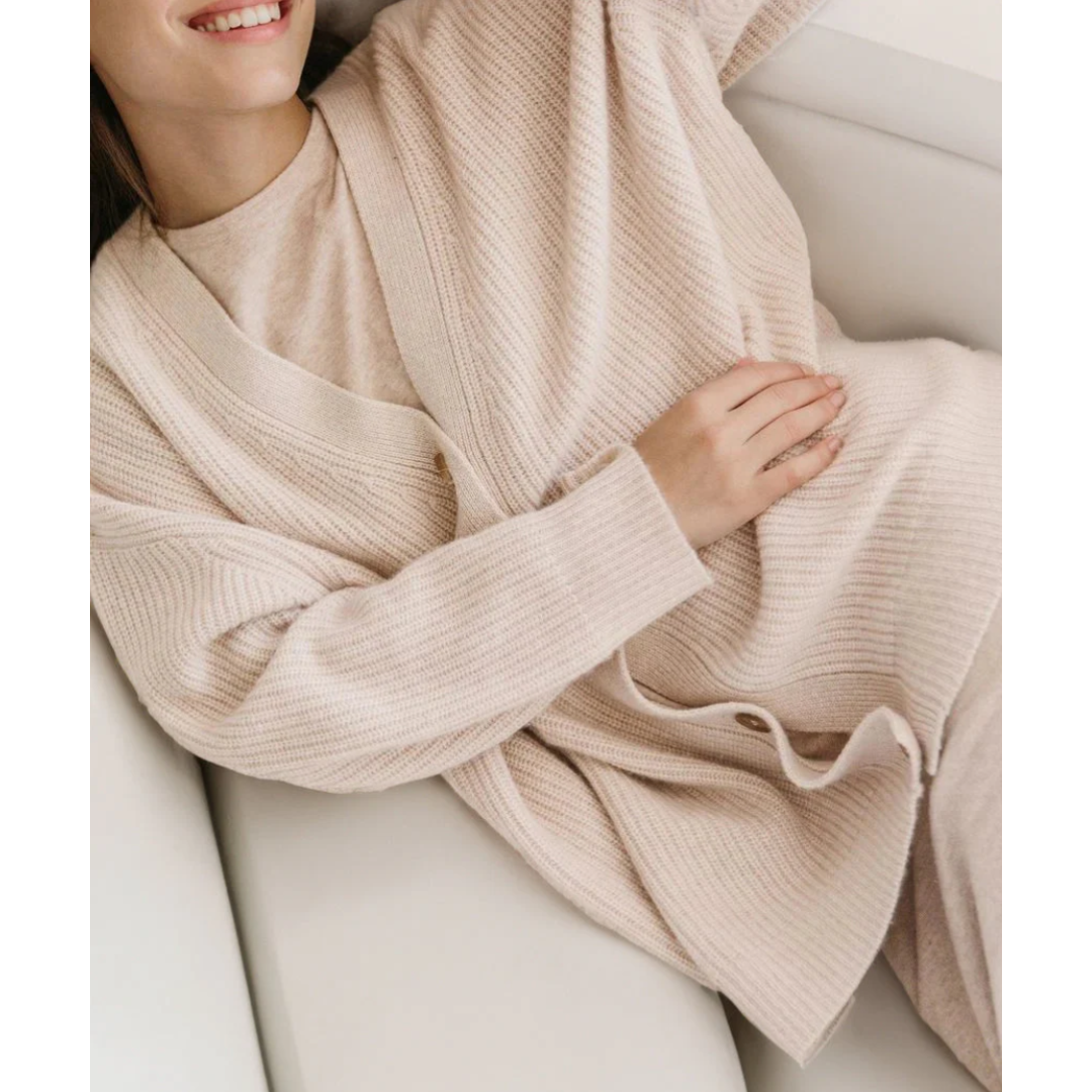 Long cardigan confortable col en V mélange de laine