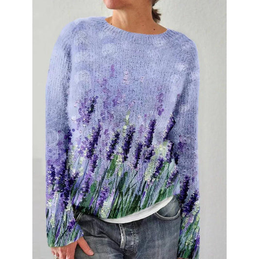 Weiche Strickjacke Rundhals Floral Damenpullover - IdealeKleiden