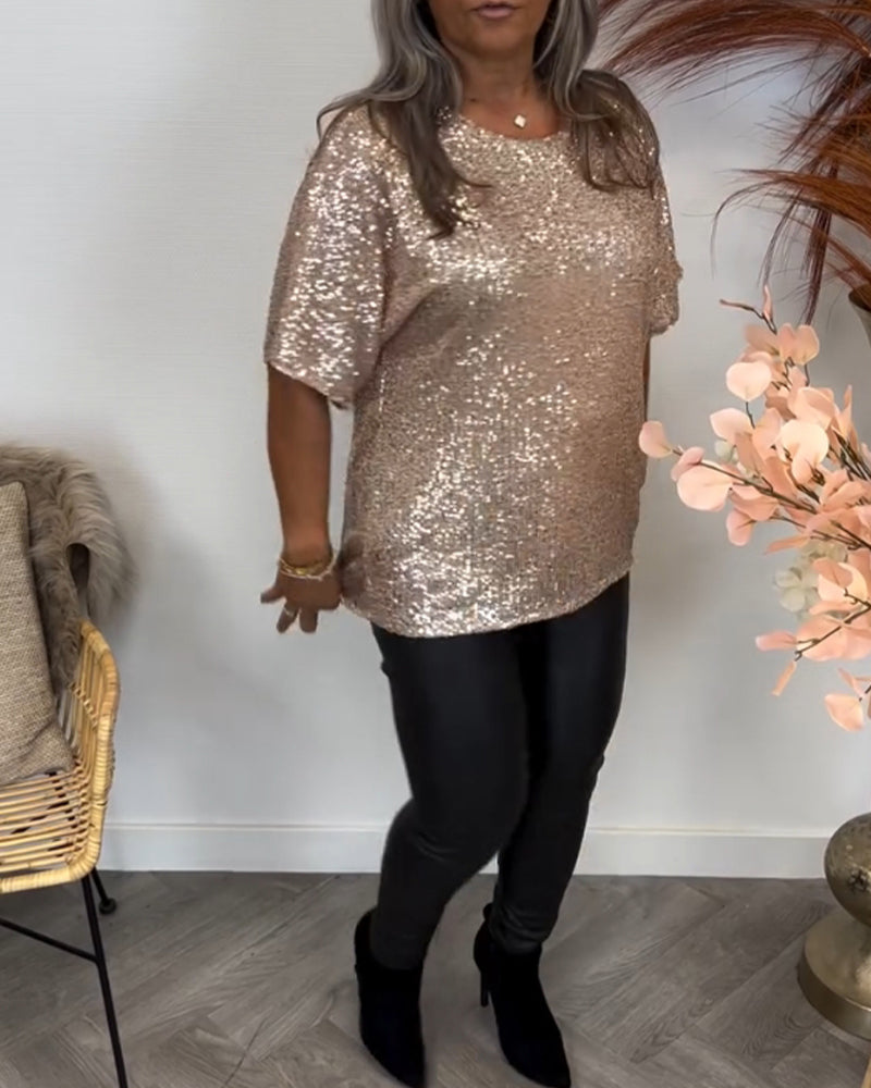 Glitzerndes Top mit Pailletten Rundhals - IdealeKleiden