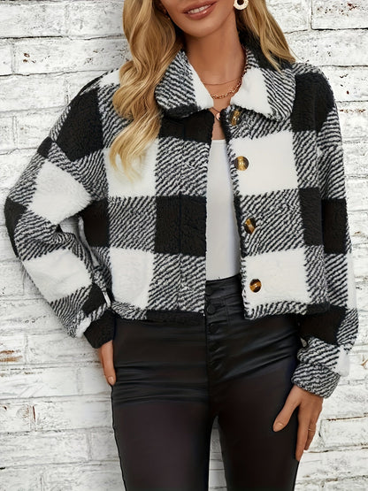 Veste Teddy à carreaux pour femme, moderne, avec fermeture boutonnée