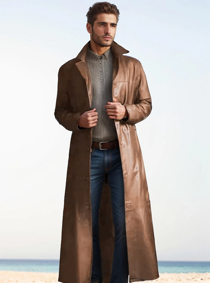 Élégant long manteau en cuir pour homme