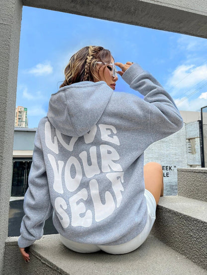 Sweat à capuche oversize pour femme avec imprimé "Self-Love"