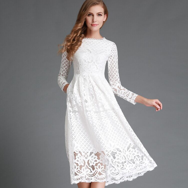 Elegantes Damenkleid Spitze Floral Langärmlig - IdealeKleiden