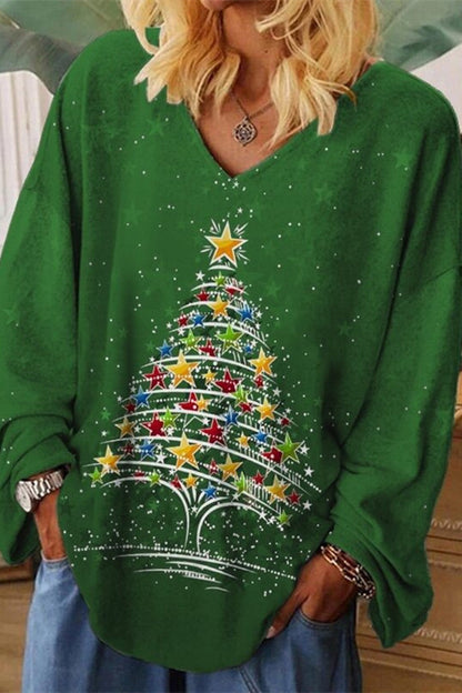 T-shirt décontracté femme à col en V imprimé sapin de Noël