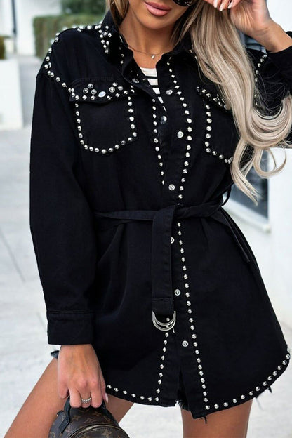 Veste en jean punk Unicolore Clous Col Manches longues