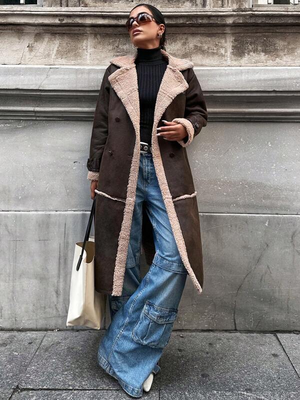 Manteau long en peau lainée doublé de peluche pour femme