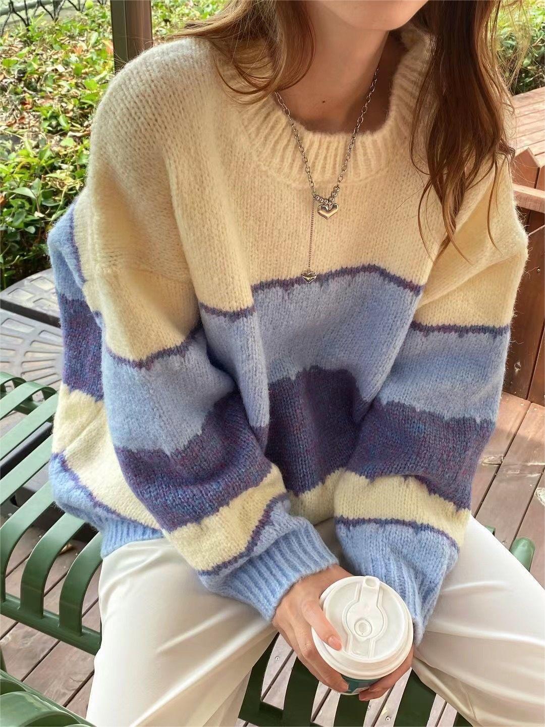 Stylisches Sweatshirt Streifen Rundhals - IdealeKleiden