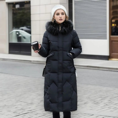 Parka d'hiver long pour femme avec capuche et ornements en fourrure