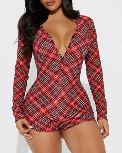 Robe de Noël motif carreaux col V manches longues short