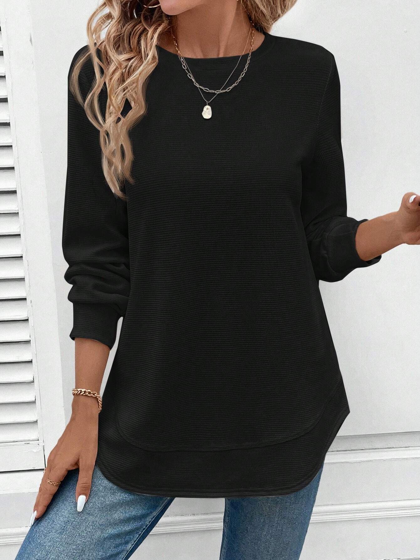 Chemisier élégant pour femme Col rond Manches longues Noir