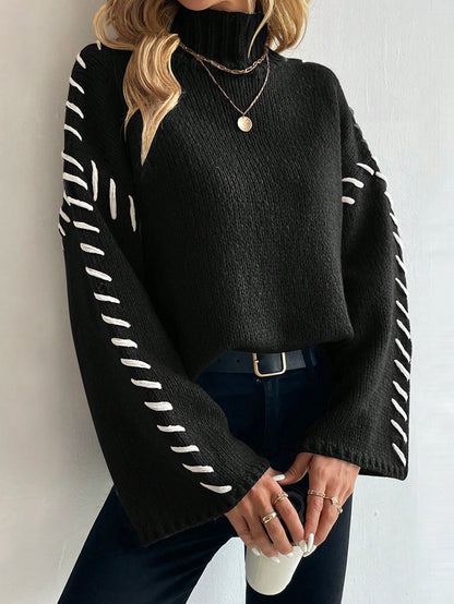 Pull-over tricoté multicolore patchwork col roulé pour femmes