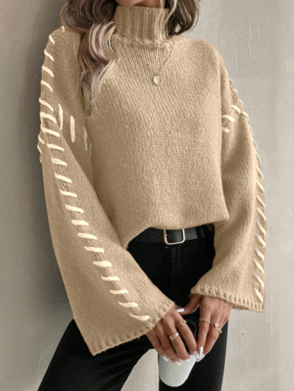 Pull-over tricoté multicolore patchwork col roulé pour femmes