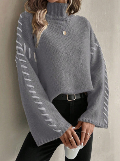 Pull-over tricoté multicolore patchwork col roulé pour femmes