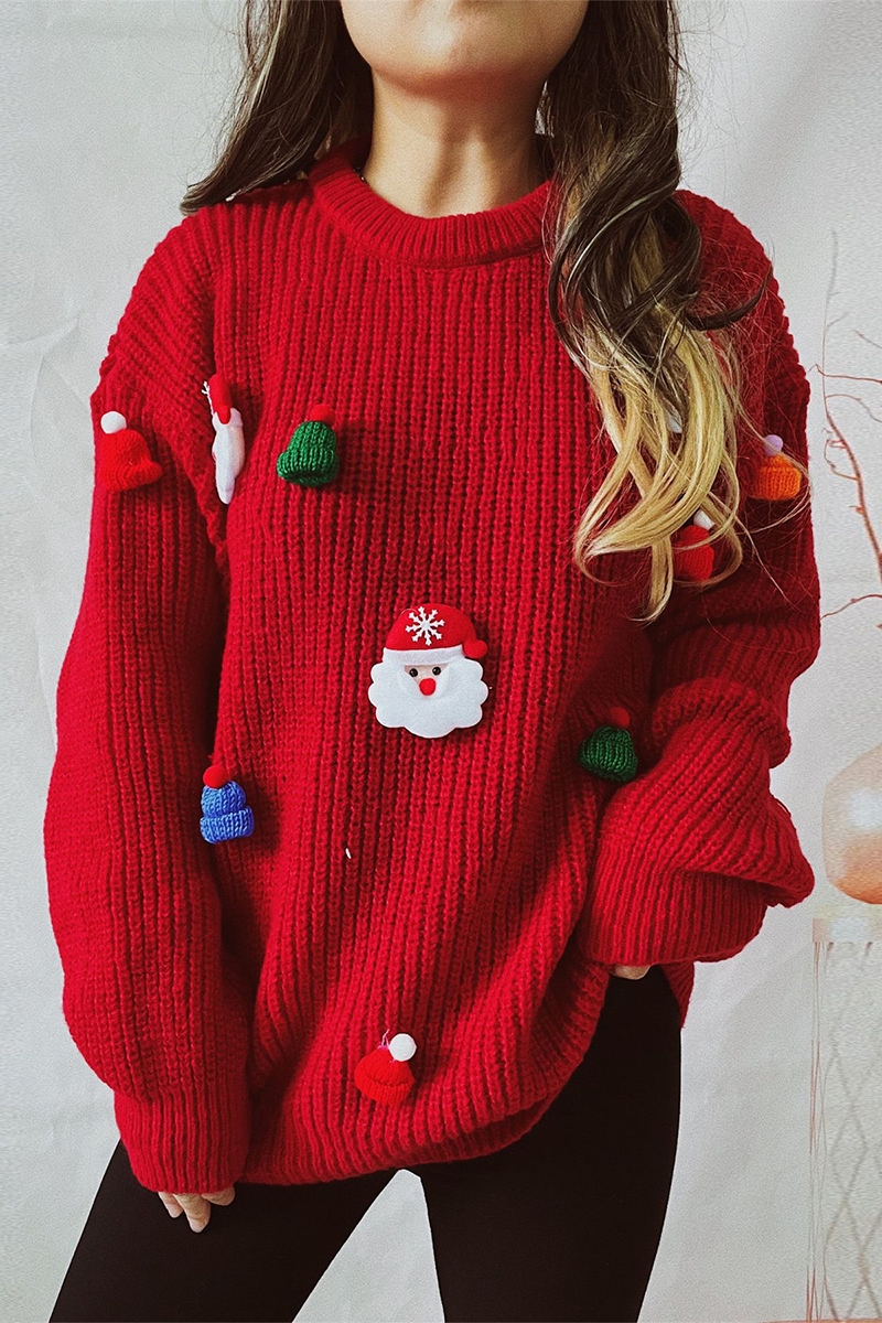 Pull de Noël décontracté, col rond, motif bonnet et arbre