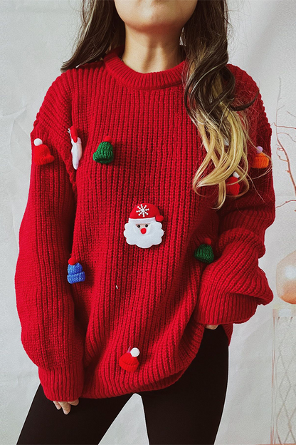 Pull de Noël décontracté, col rond, motif bonnet et arbre