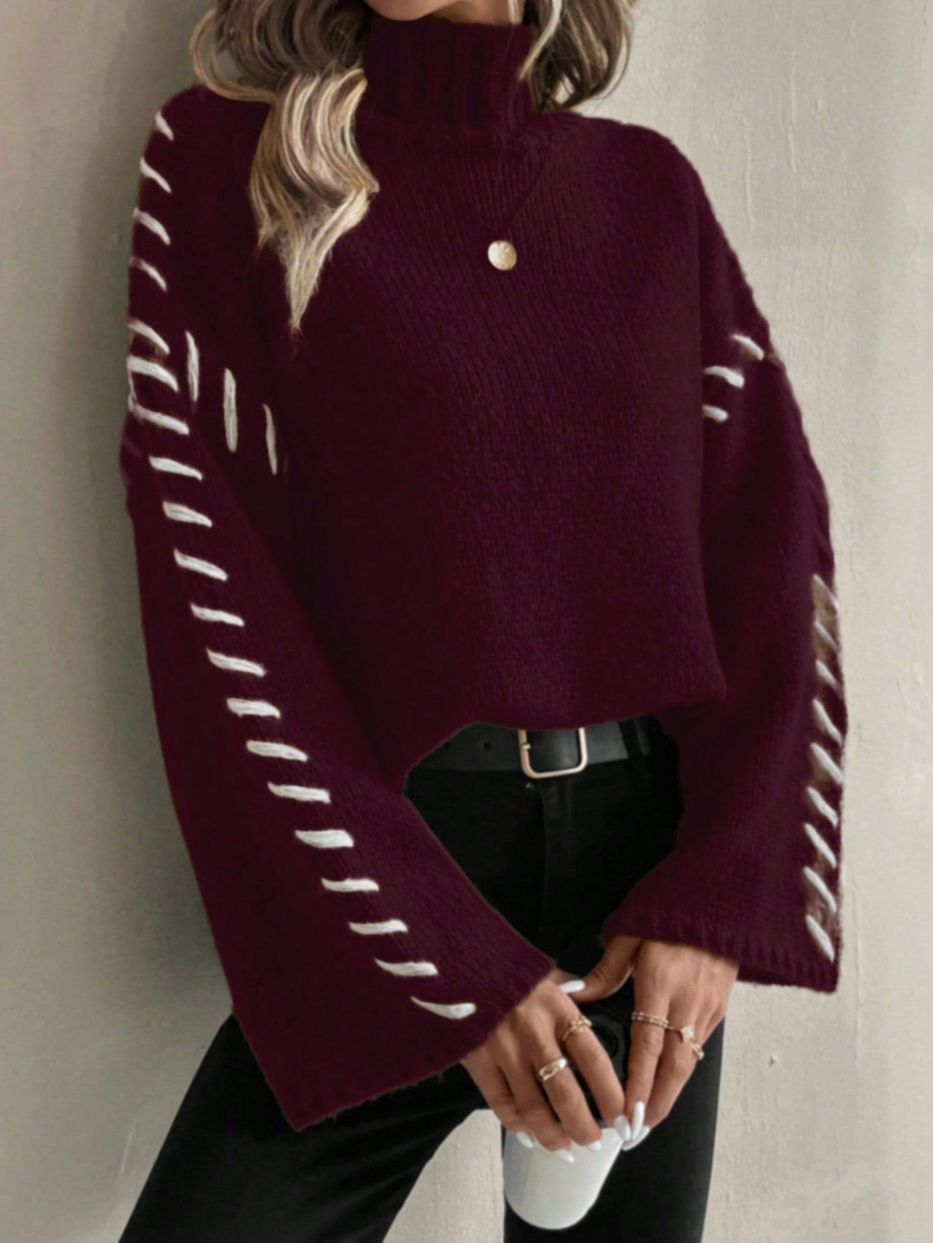 Pull-over tricoté multicolore patchwork col roulé pour femmes
