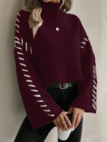 Pull-over tricoté multicolore patchwork col roulé pour femmes