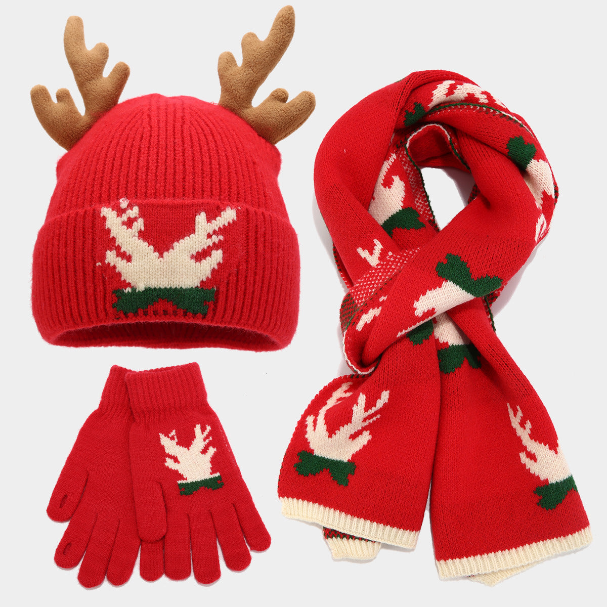 Weihnachtsschal Set Rentier Mütze Handschuhe 3-teilig - IdealeKleiden