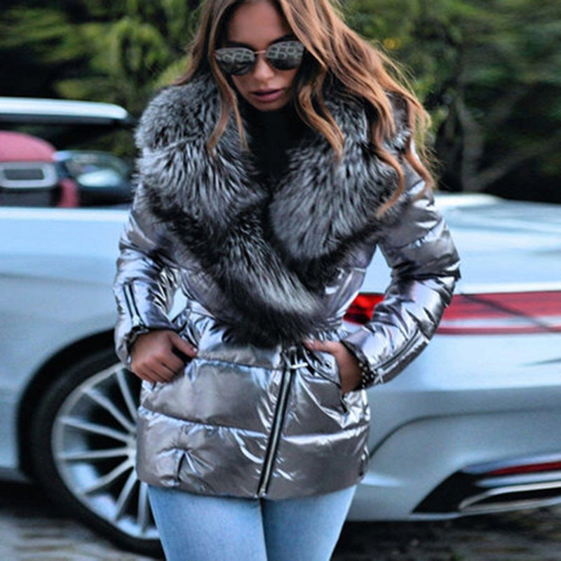 Damen Steppjacke Tailliert Kunstfell Kragen Elegant - IdealeKleiden