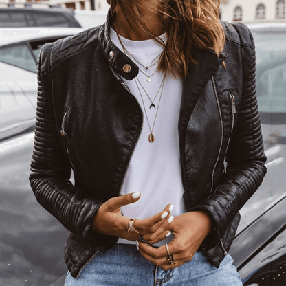 Blouson en cuir pour femme coupe slim col montant noir