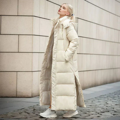 Manteau d'hiver en duvet long pour femme - Chaud et confortable à capuche