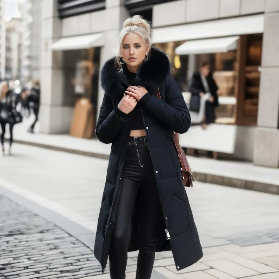 Manteau long en duvet pour femme, col chaud élégant