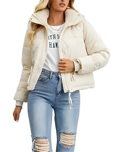 Doudoune matelassée chaude pour femme avec fermeture éclair et col montant → Veste d'hiver chaude isolée et moderne pour femme
