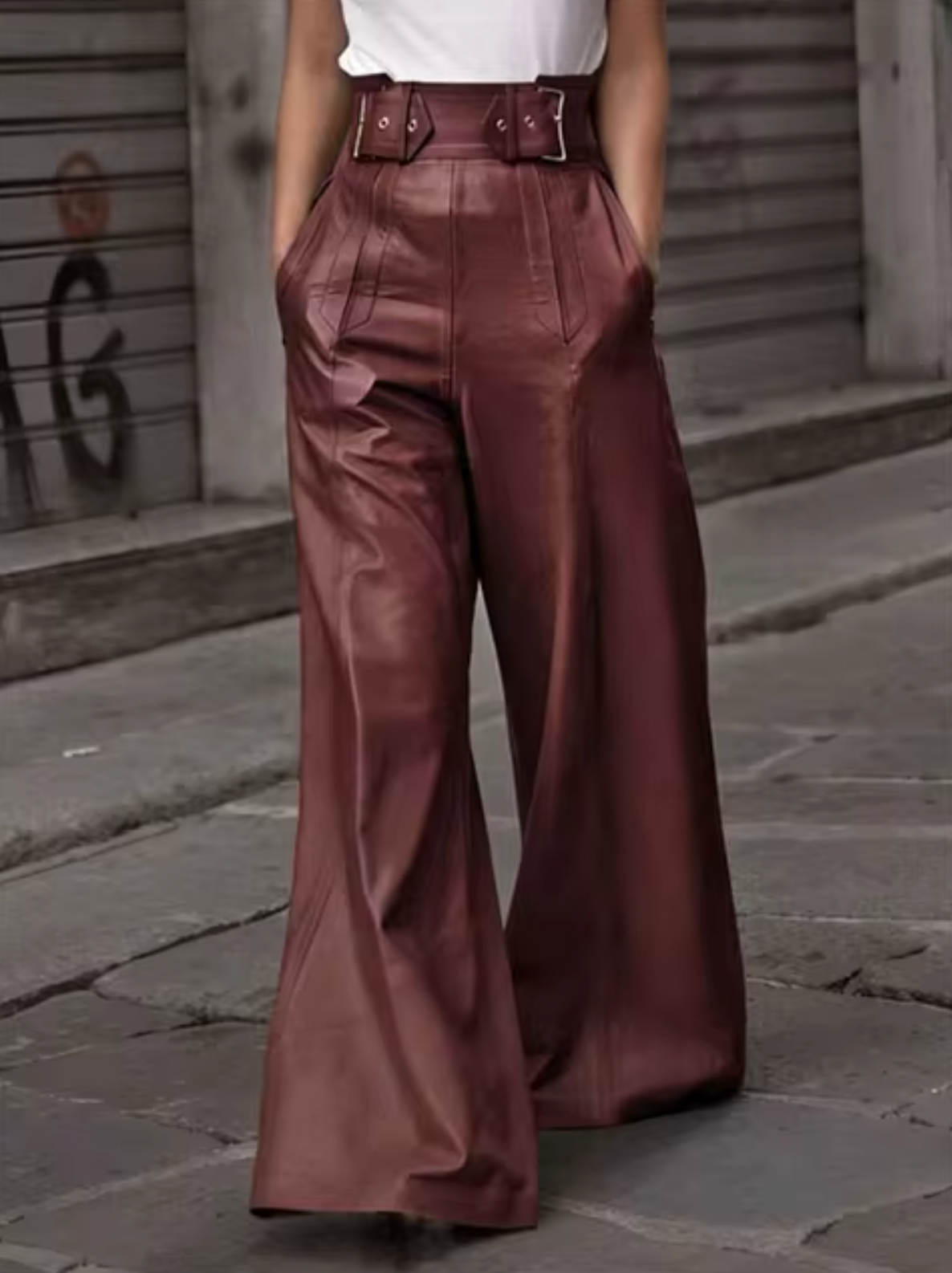Pantalon en cuir élégant pour femme, plissé de haute qualité