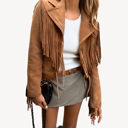 Veste femme élégante en daim à franges