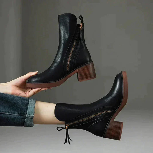 Stylische Kurzstiefel Leder Dicker Absatz - IdealeKleiden