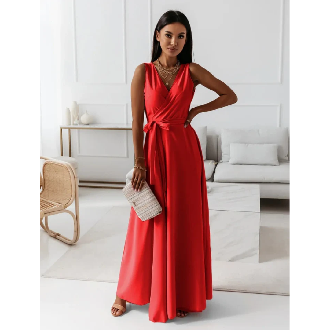 Robe longue femme style portefeuille sans manches été
