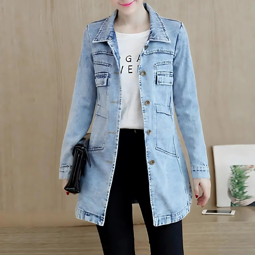 Longue veste en jean brodée pour femme