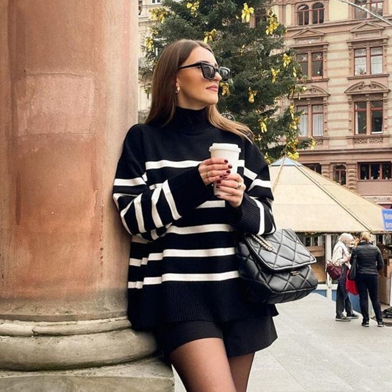 Pull tendance rayures larges col montant