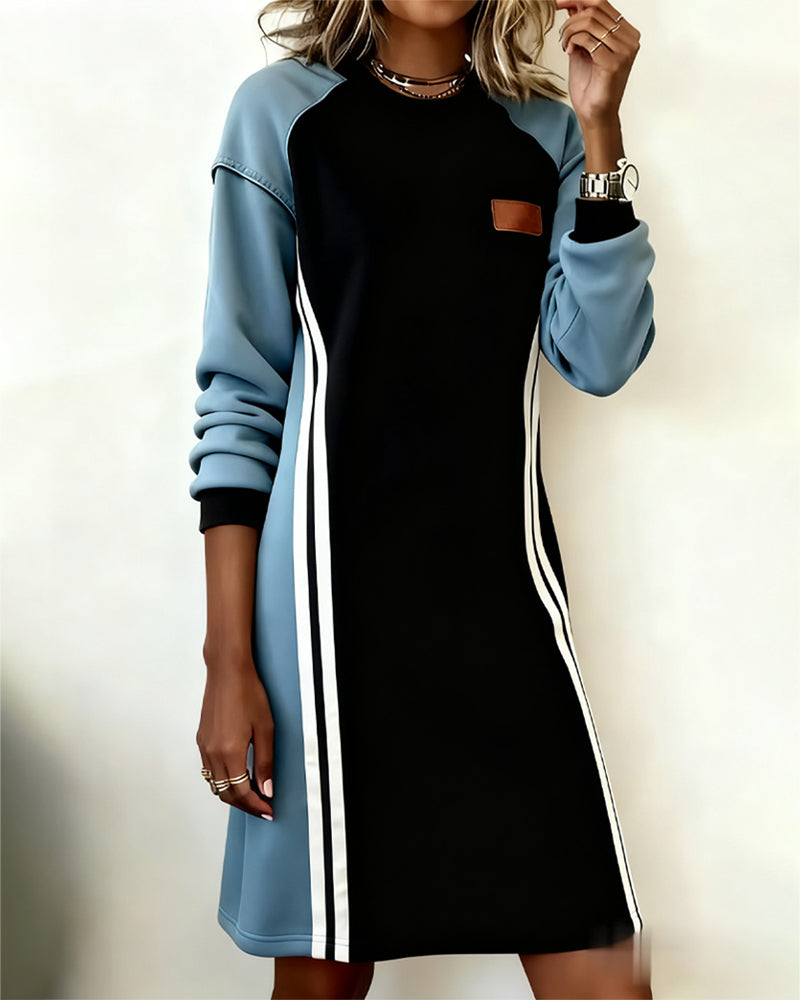 Robe longue manche mode colorblock col rond