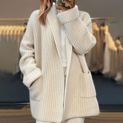 Strickjacke Offen Vorne Grobgestrickt Lange Ärmel Mit Großen Taschen - IdealeKleiden