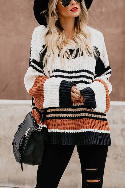 Pull tricoté pour femme, chaud, rayé