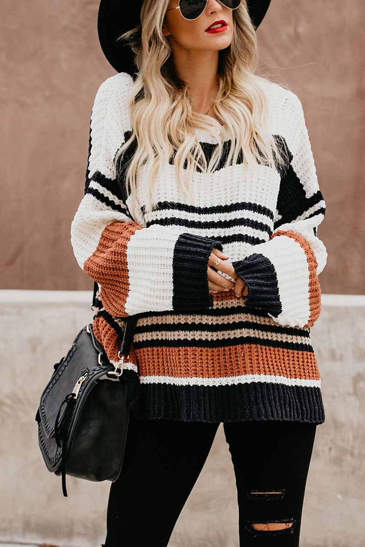 Pull tricoté pour femme, chaud, rayé