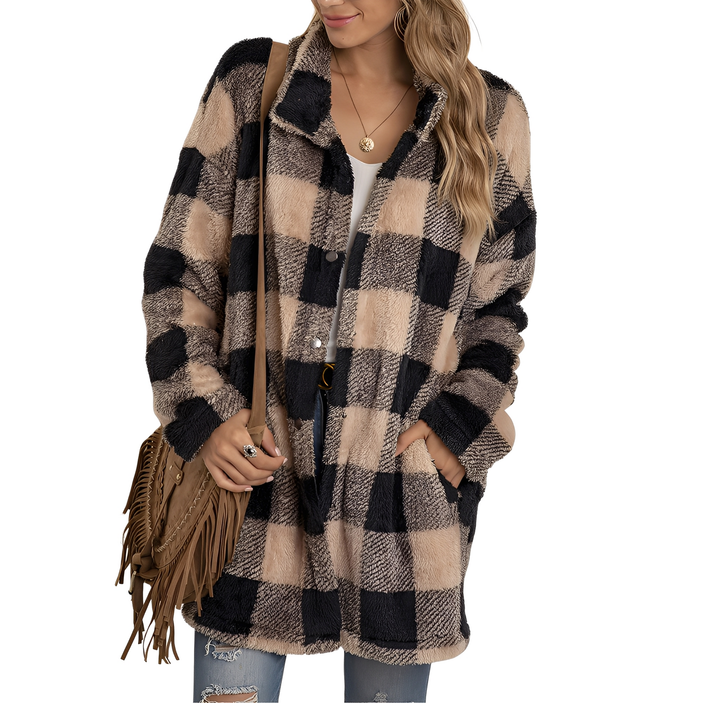 Élégante veste longue à carreaux pour femme