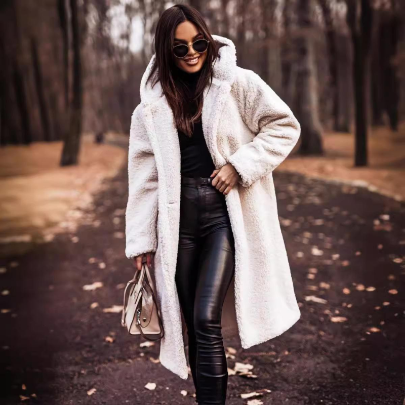 Manteau d'hiver long en teddy pour femme avec capuche