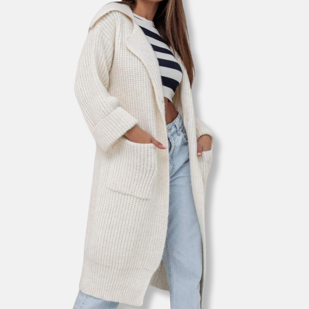 Long gilet en maille grande taille, à capuche et avec poches